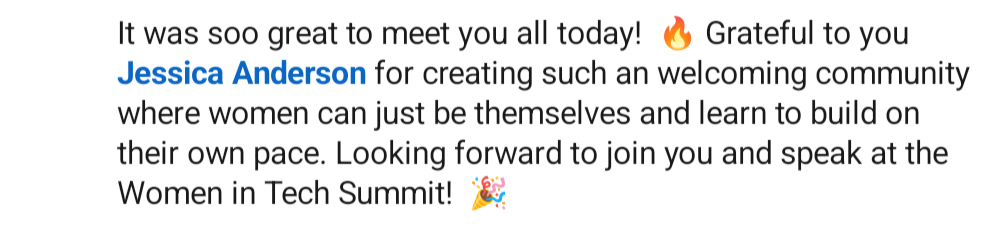 Attendee thanking Jessica for creating a welcoming community