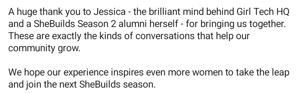 Thank you note about Jessica and Girl Tech HQ